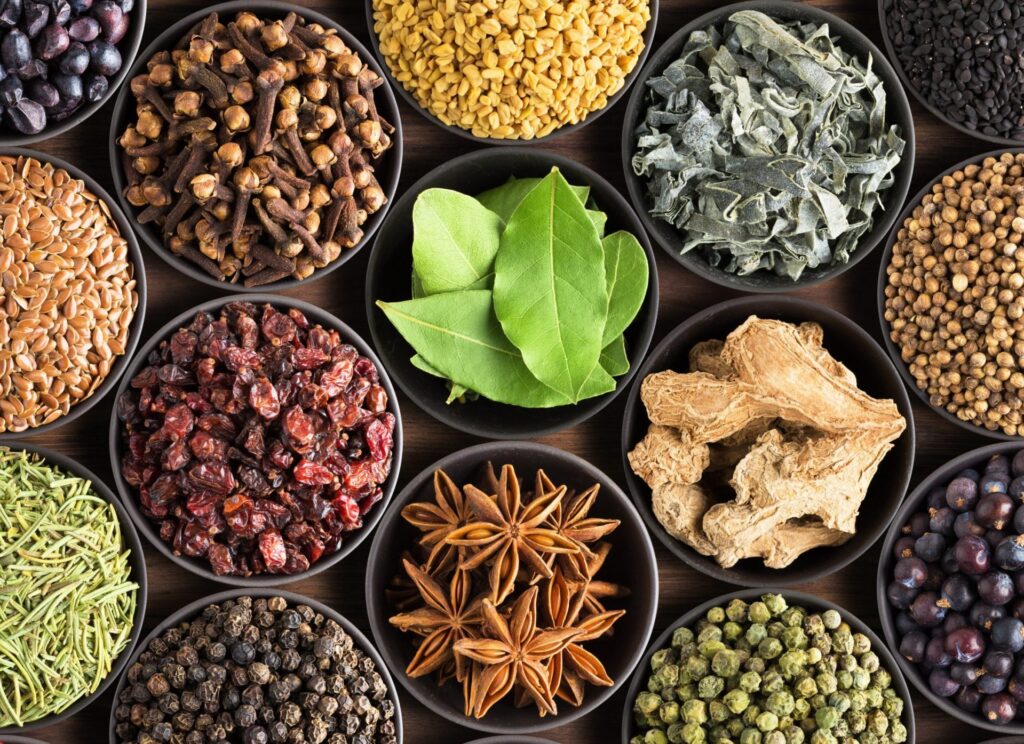 bright spices herbs cups top view background packing with european condiments scaled e1750134727633