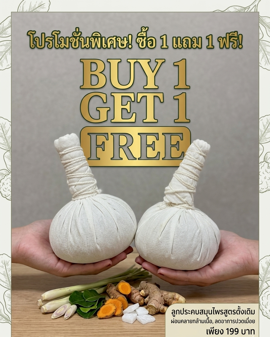 “ลูกประคบสมุนไพร (buy 1 get 1)” “ลูกประคบสมุนไพร (buy 1 get 1)”
